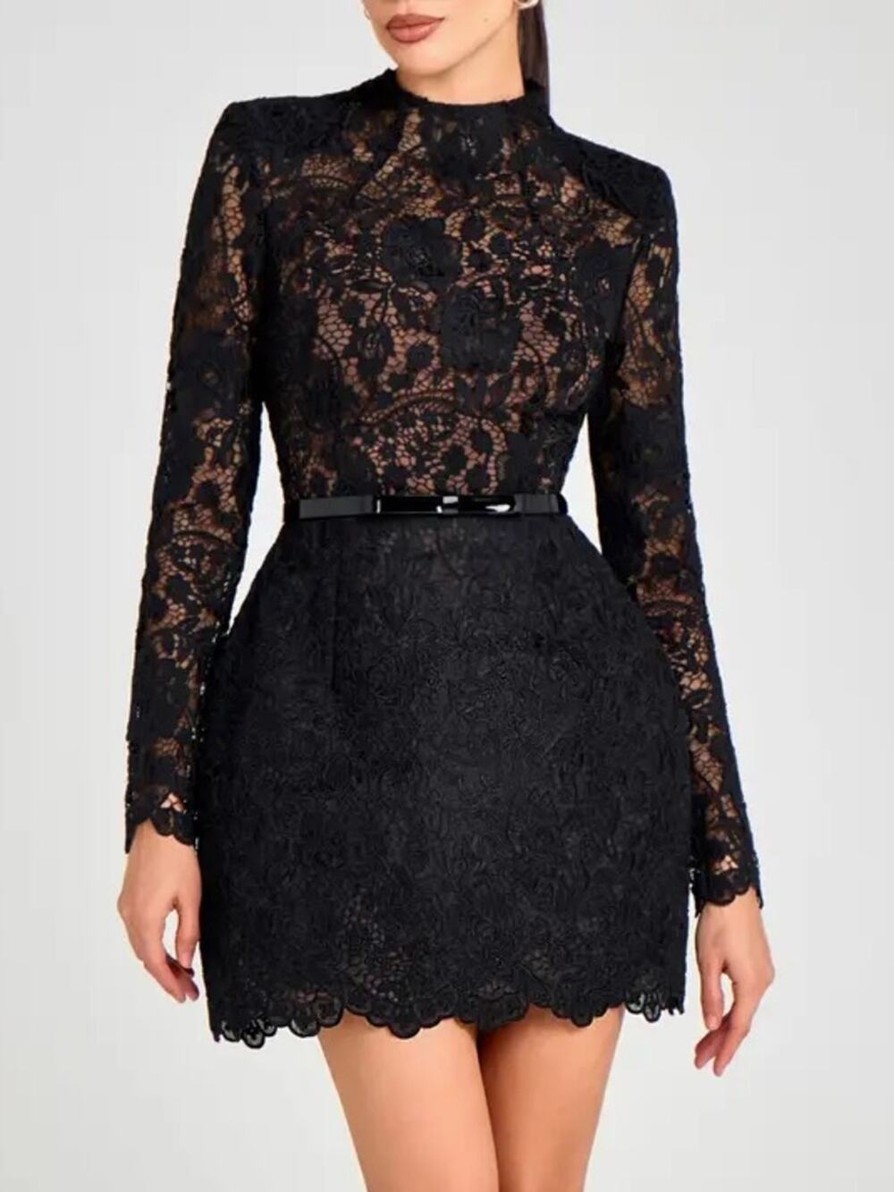 Nadine Merabi Addison Long Sleeve Lace Overlay Cocktail Minidress in Black 4